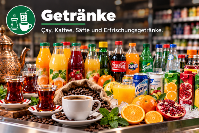 Getränke: Çay, Kaffee, Säfte und Erfrischungsgetränke.