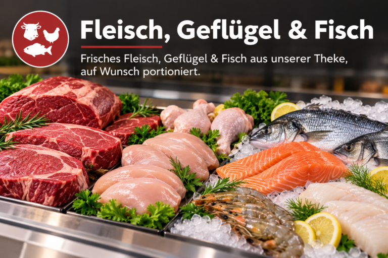 Fleisch, Geflügel & Fisch: Frisches Fleisch, Geflügel & Fisch aus unserer Theke, auf Wunsch portioniert.