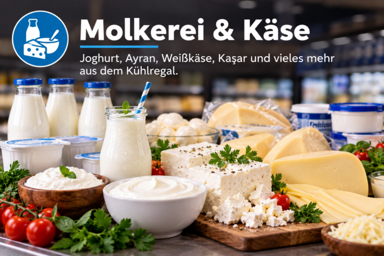 Molkerei & Käse: Joghurt, Ayran, Weißkäse, Kaşar und vieles mehr aus dem Kühlregal.